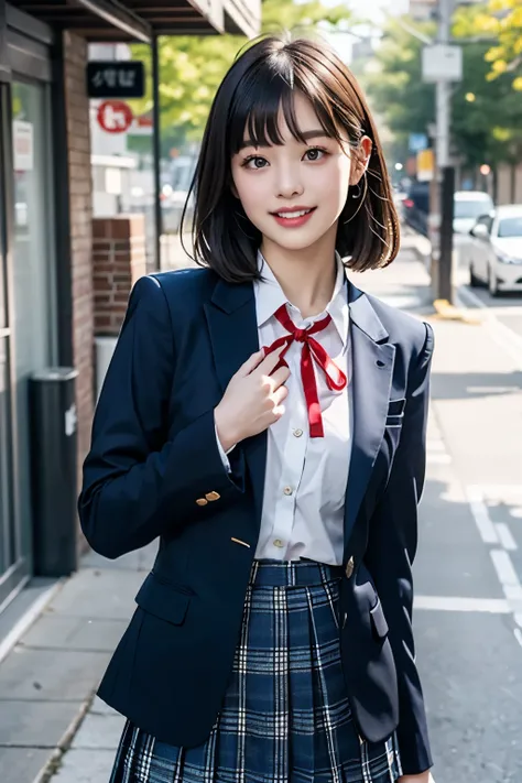 realistic、high image quality、8K、Japanese、、School Crossing、((2.0))、high school uniform、has a sense of dynamism、 seem to start moving even now、Freshness、Smooth straight 、Large pupils、big mouth、 has bangs、navy blue blazer、white shirt、 red ribbon around neck、d...