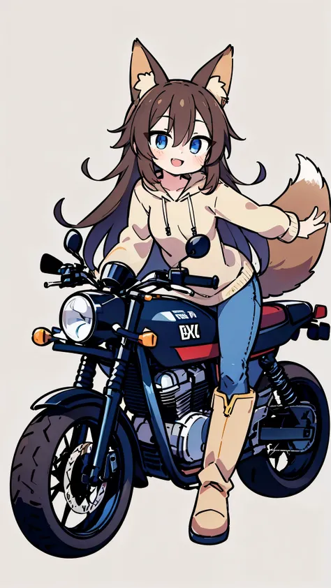 anime style、 cute face、 Female 1、 fox ears、 caramel brown hair、tail、long hair、 beige hoodie、jeans、boots、blue eyes、smile、double teeth、simple background、MOTORCYCLE