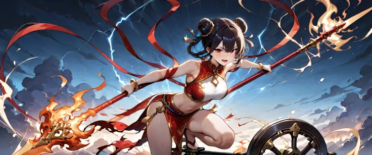 (masterpiece, best quality, ultra detailed, chinese mythology fantasy style, 4k), a fierce and enchanting female version of Nezha (Na Tra), riding atop her blazing flame wheels (Phong Hỏa Luân) high in the sky. Her pose is dynamic and commanding — one leg ...