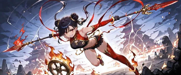 (masterpiece, best quality, ultra detailed, chinese mythology fantasy style, 4k), a fierce and enchanting female version of Nezha (Na Tra), riding atop her blazing flame wheels (Phong Hỏa Luân) high in the sky. Her pose is dynamic and commanding — one leg ...