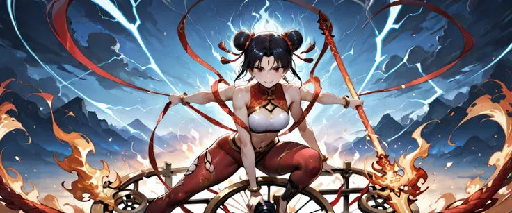 (masterpiece, best quality, ultra detailed, chinese mythology fantasy style, 4k), a fierce and enchanting female version of Nezha (Na Tra), riding atop her blazing flame wheels (Phong Hỏa Luân) high in the sky. Her pose is dynamic and commanding — one leg ...