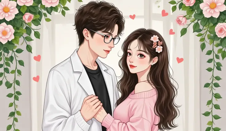 A romantic manhwa-style illustration of a beautiful couple in a semi-realistic style. The male lead has a cold expression, tall and handsome, with sharp facial features, silver-rimmed glasses, wearing a white lab coat. The female lead is stunning, elegant,...