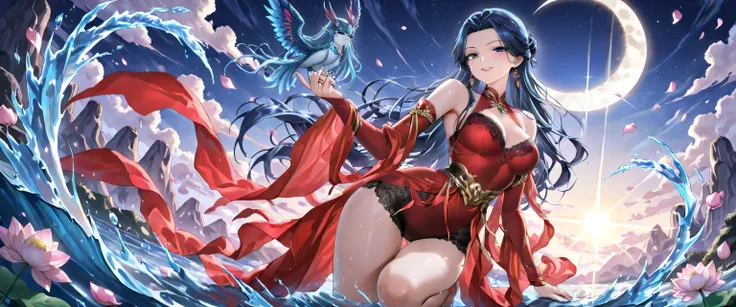 (masterpiece, best quality, ultra detailed, 4K, Chinese mythological fantasy style), A mythical and seductive female warrior inspired by Sha Wujing (Sa Tăng) from Journey to the West, reimagined in a mature and alluring form. She stands tall and proud, exu...