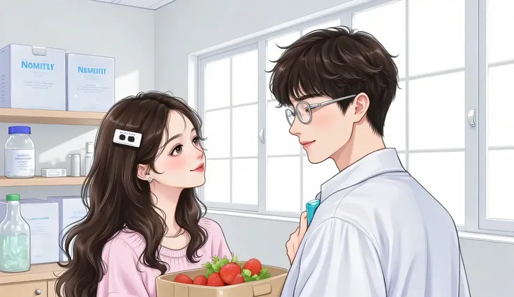 Manhwa-style illustration, semi-realistic. A beautiful girl with Douyin-style makeup, long soft hair, and fair white skin, smiling gently while holding a lunch box. She stands in a bright modern laboratory. In front of her is a tall, handsome man wearing a...