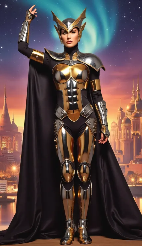 Demimoore as Lilandra Neramani, powerful, sci-fi warrior, queen, standing triumphantly, glowing alien skyline, striking form-fitting suit of chrome and gold futuristic armor, sculpted metallic plating that accentuates her athletic build, right arm is raise...