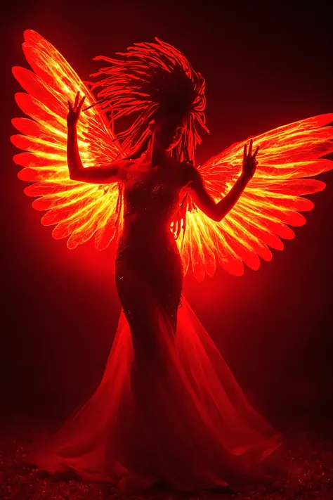 fiery tornado of imaginary feelings transparency,passion
angel girl with red dreadlocks,wide hips,big bobs.on a black background. Epic B style photo.with. Kukarina. triple exposure . withлучайный кадр. Female body aesthetics. fiery wings . Diamond glow. ...