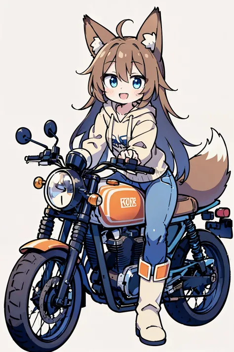 anime style、 cute face、 Female 1、 fox ears、 caramel brown hair、tail、long hair、 beige hoodie、jeans、boots、blue eyes、smile、double teeth、simple background、One motorcycle