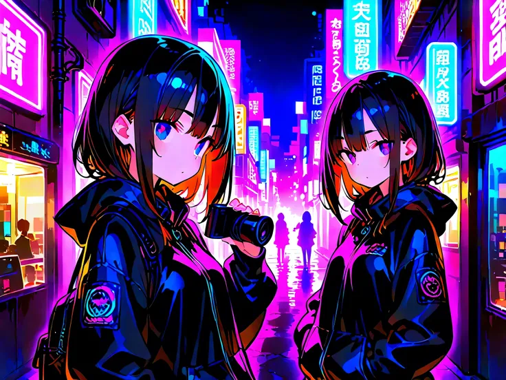 ,City with dazzling neon lights,,Japanese-style girl with dark hair,Cinematic scenery,perfection,Masterpiece,Photographer,8K,HDR,extreme details,Professional,Vivid Colors,Bokeh、Overlooking the neon town from a hill、cute girl