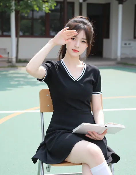  masterpiece,  best , daytime，Clear, Chinese architecture，Cold Face, Campus playground，school uniforms，tall ponytail，black dress，Short sleeve，White calf stockings，One hand blocks the sun，Holding a book in one hand，sit in a chair，Realism，Hyperreal