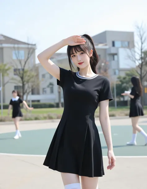  masterpiece,  best , daytime，Clear, Chinese architecture，Cold Face, Campus playground，school uniforms，tall ponytail，black dress，Short sleeve，White calf stockings，One hand blocks the sun，Realism，Hyperreal