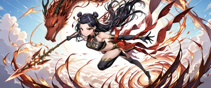 (masterpiece, best quality, ultra detailed, chinese mythology fantasy style, 4k), a fierce and enchanting female version of Nezha (Na Tra), riding atop her blazing flame wheels (Phong Hỏa Luân) high in the sky. Her pose is dynamic and commanding — one leg ...