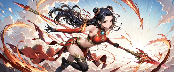 (masterpiece, best quality, ultra detailed, chinese mythology fantasy style, 4k), a fierce and enchanting female version of Nezha (Na Tra), riding atop her blazing flame wheels (Phong Hỏa Luân) high in the sky. Her pose is dynamic and commanding — one leg ...