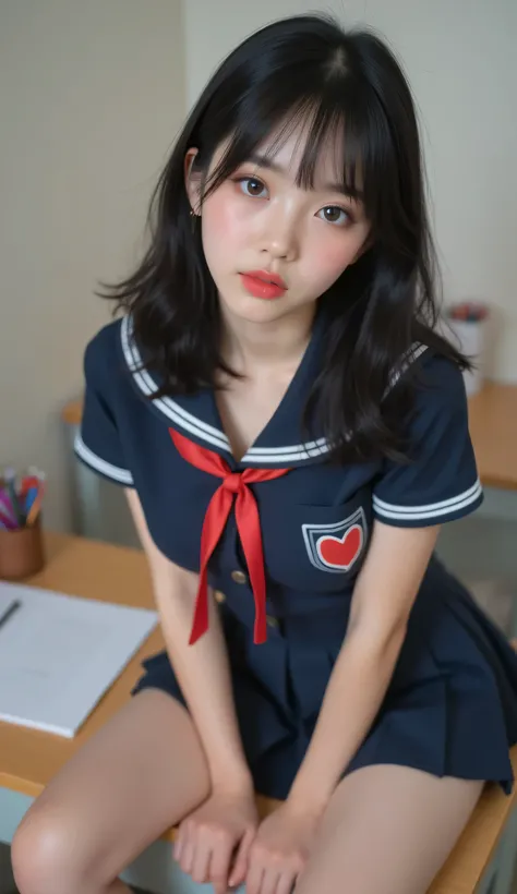 Beautiful black-haired girl with brown eyes, shoulder length hair, Nice big breasts, beautiful face, type makeup angelic and tender look, perfect makeup, lips painted red, She is wearing a sensual schoolgirl uniform, is sitting on top of the desk with a da...