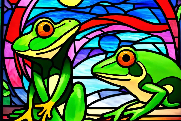 a close up of a ステンドグラス window with a frog on it, stained glass style,no picture, image, maxim verehin stained glass, stained glass,like stained glass!!, like stained glass, stained glass window, psychedelic frog, frog, glowing stained glass backdrop, 非常に詳...