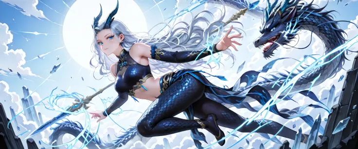 (masterpiece, best quality, ultra detailed, high resolution, anime-style, 4K), a mythic female version of Ao Bing | Ngao Bính phiên bản nữ thần thoại cổ Trung Hoa, riding a colossal black Eastern dragon (黑龍) amidst a stormy celestial battlefield. The drago...