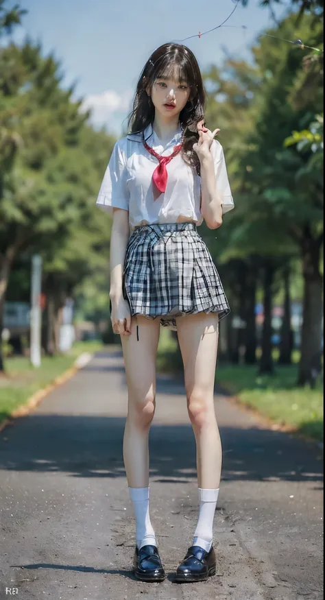 (8k、RAW Photo、Highest Quality、masterpiece:1.4)、(realistic、realistic:1.3)、(((full body shot:1.7)))、((Extremely long legs:1.3))、((Extremely thin legs:1.5))、Extremely Slim Model Body、((realistically reproduce the texture of the skin:1.7))、1 girl on break day、...
