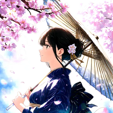 Gold and Black、1 woman、object、cherry blossoms、Japanese pattern、wind、{ petals}、Light、profile、Japanese Umbrella、cool、Conclusion、Lens Flare、glitter、High Detail、watercolor