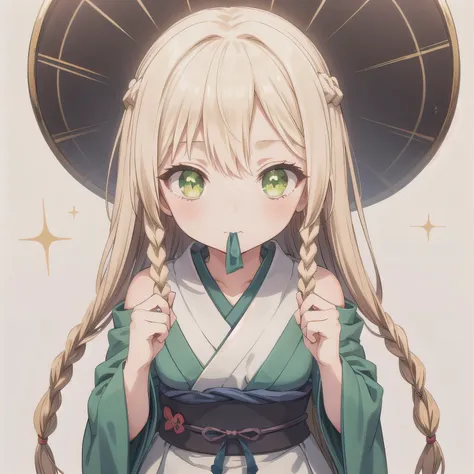 A Japanese anime-style chibi girl, 3-head-tall, super round body and head, deformed proportion, big sparkling eyes, small nose and mouth, cute and soft illustration, simplified color palette, masterpiece, her mouth is empty, nothing in her mouth, no object...
