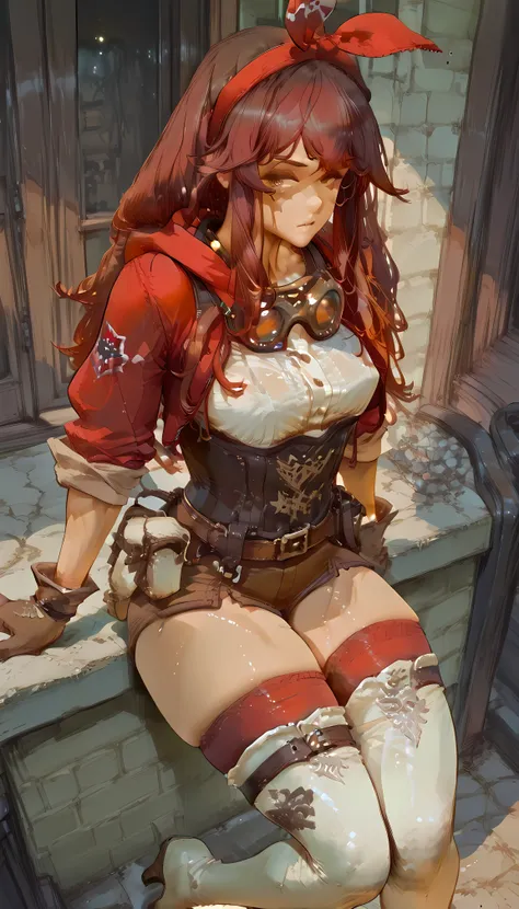 masterpiece, best quality, amazing quality, hyper-detailed, newest, very aesthetic, medium breasts, 1girl, hd, large thighs, muscle, Cutesexyrobutts, looking at the viewer, solo, suchwet,  ChopioAmber, brown hair, long hair, sidelocks, brown eyes, red hair...