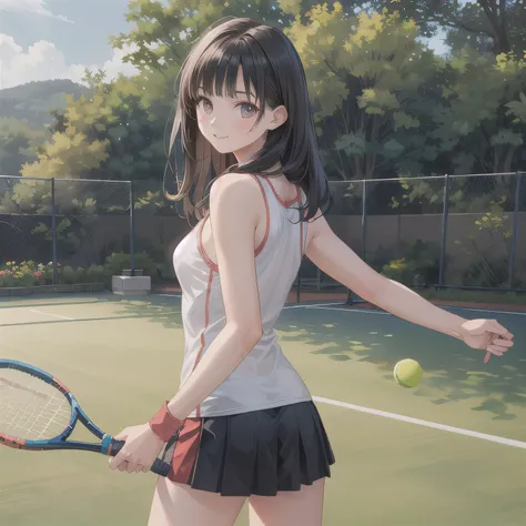 A young female tennis player in a sleek blue outfit stands ready, gripping her racket with both hands in a poised stance. Sunlight accentuates the crisp lines of her attire and the polished strings of the racket. Her determined gaze locks onto an unseen op...