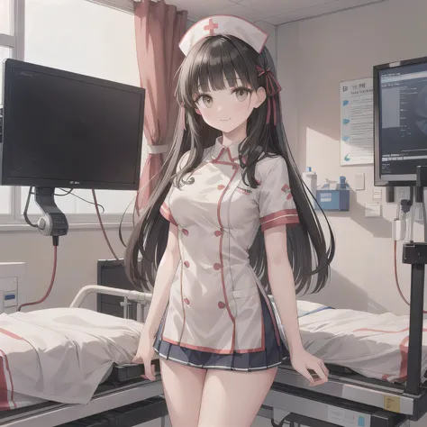 A breathtakingly beautiful 20-year-old woman stands in a warmly lit hospital room, dressed in a white mini-skirt nurse uniform with a matching cap. Her shy smile adds a touch of charm, while the surrounding medical equipment and furnishings create an authe...