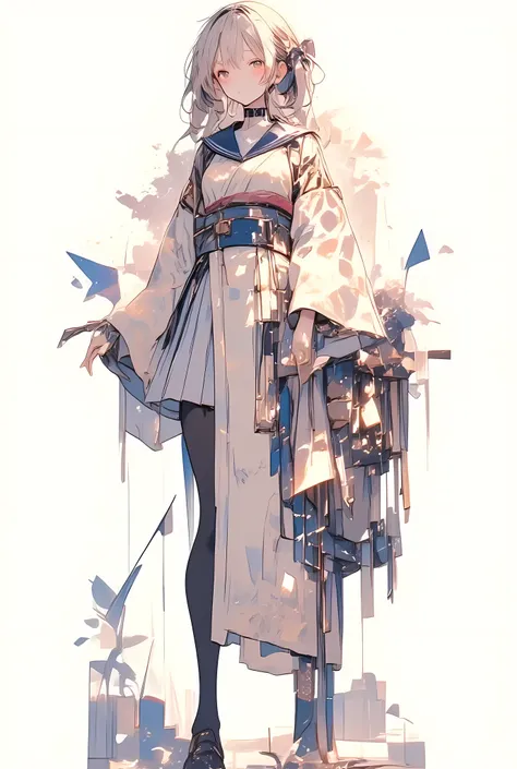 a full-body illustration of a high school girl wearing a stylized school uniform heavily inspired by traditional Japanese kimono design,
her outfit features a long-sleeved kimono-style top with a deep navy blue sailor collar integrated into the design, t...