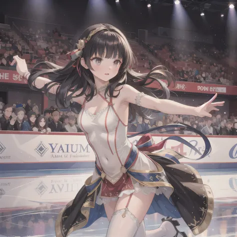 A breathtakingly beautiful 20-year-old woman glides dynamically across the ice rink, dressed in an exquisitely detailed and elegant figure skating costume. Her graceful movements exude both power and finesse as she carves intricate patterns into the ice. T...