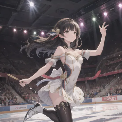 Depict a 20-year-old, stunningly beautiful woman gracefully gliding across the ice in a grand skating arena. She wears an elegant and intricately designed figure skating dress, adorned with shimmering details that reflect the arena lights. Her expression i...