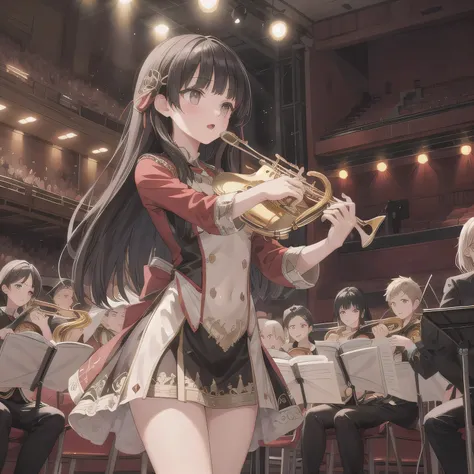 Depict a 20-year-old, dazzlingly beautiful woman playing a brass instrument in a grand concert hall. She wears an elegant yet practical band uniform, designed with intricate gold embroidery. Her posture is poised, fingers positioned with precision, her eye...