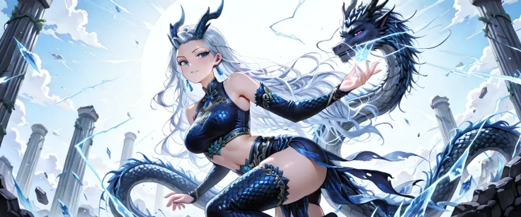 (masterpiece, best quality, ultra detailed, high resolution, anime-style, 4K), a mythic female version of Ao Bing | Ngao Bính phiên bản nữ thần thoại cổ Trung Hoa, riding a colossal black Eastern dragon (黑龍) amidst a stormy celestial battlefield. The drago...