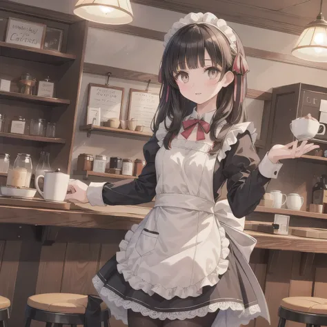 A girl is working as a waitress in a cozy cafe. She's wearing a classic maid outfit. The air feels warm and calm, and it's like you can almost smell the coffee through the picture. dark hair, long hair, honey colored eyes.