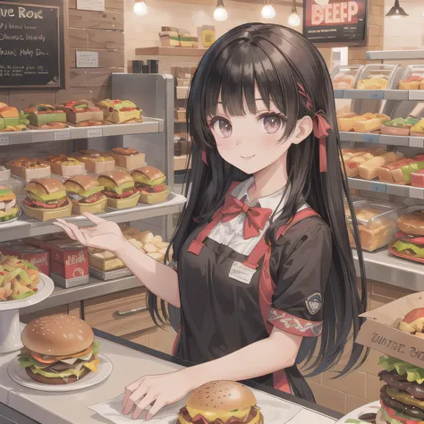 She is a cheerful girl working behind the counter at a cozy burger shop. She is wearing a cute burger shop uniform and smiling warmly at the customers. The background shows a bright and clean fast food counter with menu boards. dark hair, long hair, honey ...