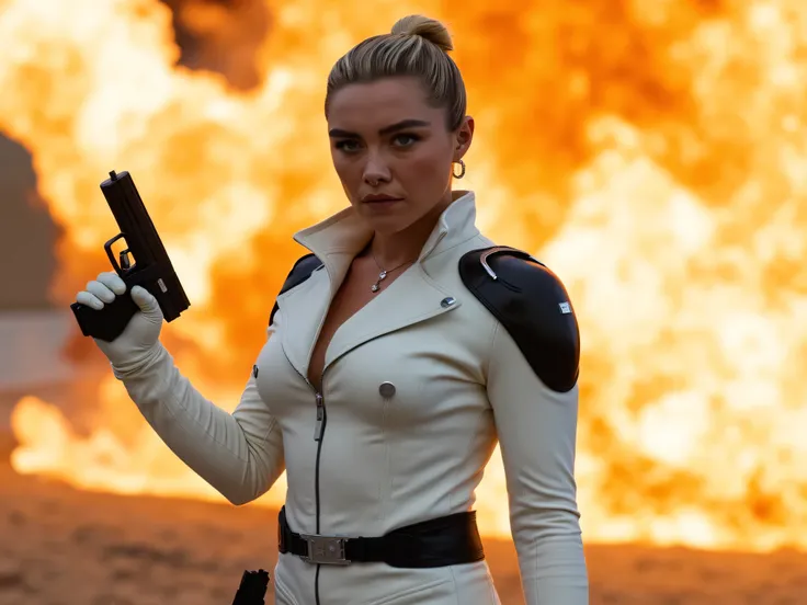 Extreme close-up of Florence Pugh with blonde hair, intense expression, holding a tactical pistol, dressed in a sleek white futuristic combat suit with black armored padding on shoulders and elbows, silver accents, utility belts around her waist, tight-fit...