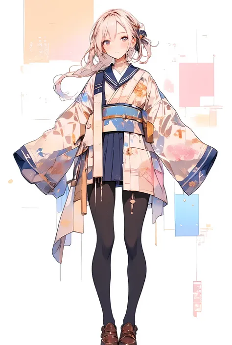 a full-body, centered illustration of a high school girl wearing a stylized school uniform heavily inspired by traditional Japanese kimono design, fully visible from head to toe within the frame,
her outfit features a long-sleeved kimono-style top with a...