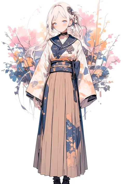 a full-body, centered illustration of a high school girl wearing a stylized school uniform heavily inspired by traditional Japanese kimono design, fully visible from head to toe within the frame,
her outfit features a long-sleeved kimono-style top with a...