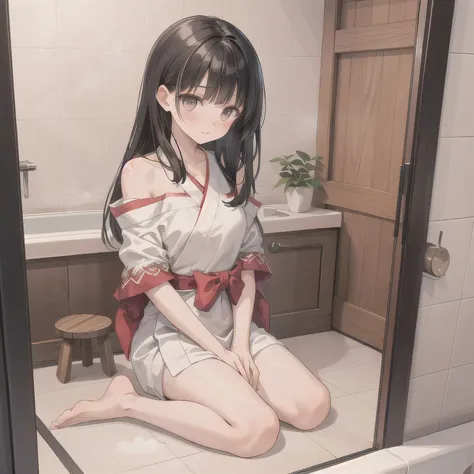 A beautiful woman in a A narrow, compact Japanese bathroom, with tiled walls, a small bathtub, and a wooden stool beside it. Steam fills the room., sitting in seiza style , politely waiting to greet someone.The character is wrapped in a towel around the bo...