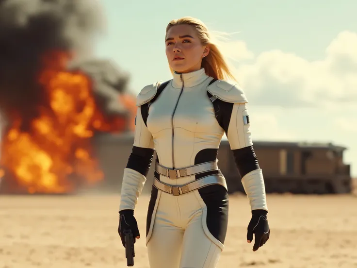 Full-body shot of Florence Pugh with blonde hair, standing on a vast sandy terrain, dressed in a sleek white futuristic combat suit with black armored padding on shoulders and elbows, silver accents, tight-fitting high-tech design, utility belts at her wai...