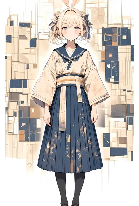 a full-body, centered illustration of a high school girl wearing a traditional Japanese kimono-inspired school uniform, shown entirely from head to toe,
her outfit features a long-sleeved kimono-style top with a deep navy blue sailor collar, integrated i...