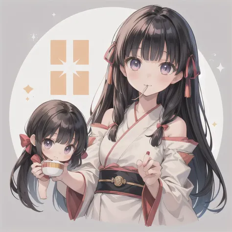 A Japanese anime-style chibi girl, 3-head-tall, super round body and head, deformed proportion, big sparkling eyes, small nose and mouth, cute and soft illustration, simplified color palette, masterpiece, her mouth is empty, nothing in her mouth, no object...