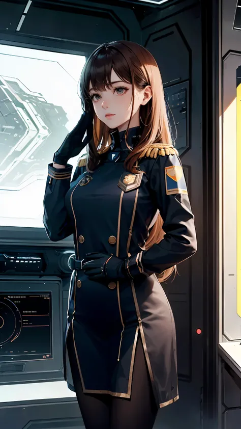 A female space force officer aboard a futuristic spaceship, wearing a navy-inspired uniform that evokes the imagery of a naval officer at sea, adorned with medals on her chest. She has neatly cut shoulder-length brown hair. The officer is in the middle of ...