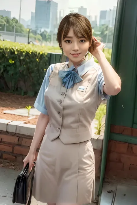 (masterpiece:1.2, Highest Quality:1.2), 32kHDR, high resolution, (alone、1 girl on break day)、( daytime building rooftop 、professional writing)、Building rooftop background、(JR WOMAN Train Crew Uniform Beige Real Style)、((JR Woman Train Crew Uniform Beige Li...