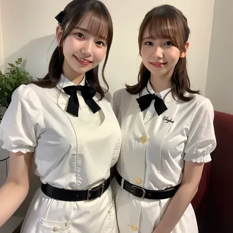A girl is working as a waitress in a cozy cafe. She's wearing a classic maid outfit. The air feels warm and calm, and it's like you can almost smell the coffee through the picture. Medium length hair, brown hair, dark eyes.