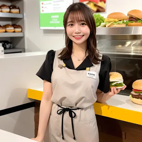 She is a cheerful girl working behind the counter at a cozy burger shop. She is wearing a cute burger shop uniform and smiling warmly at the customers. The background shows a bright and clean fast food counter with menu boards. Medium length hair, brown ha...