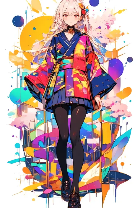 a full-body, centered illustration of a high school girl wearing a vibrant stylized school uniform inspired by traditional Japanese kimono design, fully visible from head to toe within the frame,
her outfit features a long-sleeved kimono-style top with a...