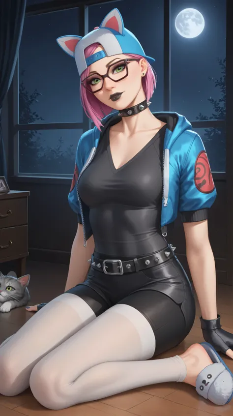 girl (masterpiece)spiked belt,choker,spiked collar,black lips, cap, cat ears,fingerless gloves,evening (only)loose V-neck gray T-shirt, blue short jacket,black shorts with white leggings,gray cat slippers,tight spandex shorts,video games,gothic room,window...
