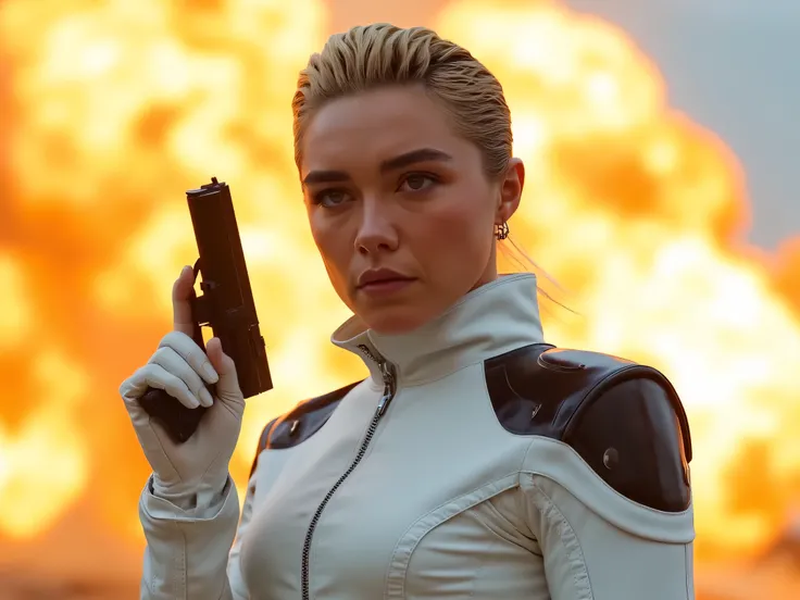 Extreme close-up of Florence Pugh with blonde hair, intense expression, holding a tactical pistol, dressed in a sleek white futuristic combat suit with black armored padding on shoulders and elbows, silver accents, utility belts around her waist, tight-fit...