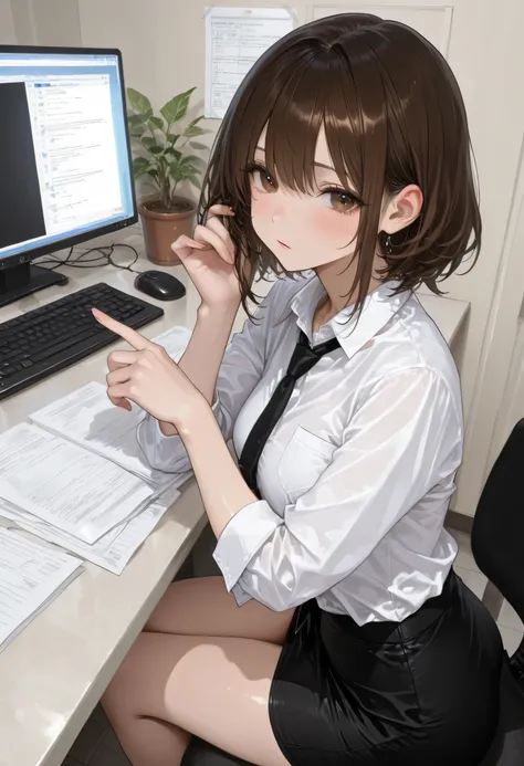 、NSFW、 Brown Medium Short 、white shirt、office、black tie、black miniskirt、Doing work、Hand over documents、computer