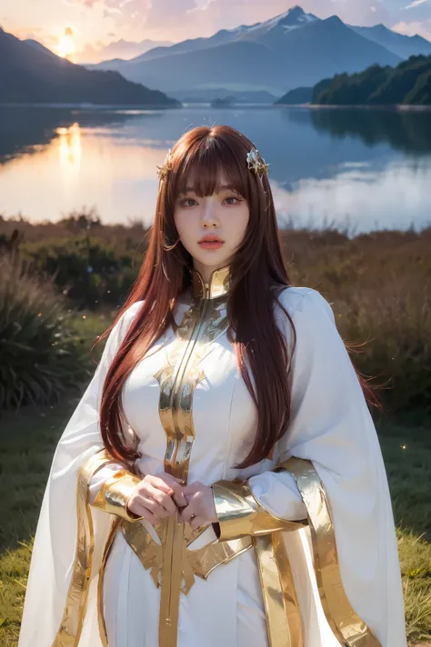 ((masterpiece, best quality, extremely detailed), volumetric lighting, ambient occlusion, colorful, glowing), 1girl, solo, young girl, (maroon hair with bangs), long hair, halo, aura, sacred, goddess, cleric suit, (white outfit with gold detailst:1.3), arm...