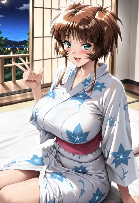 masterpiece, newest, vibrant, very aesthetic, high contrast, mature woman,solo.((Ichimonji_Akane(Tokimeki_Memorial2),1girl, solo, brown hair, green eyes, short hair,bangs, shiny hair, sidelocks)),((yukata)), ((Big Breasts:1.4)), viewer, perfect hand in h, ...