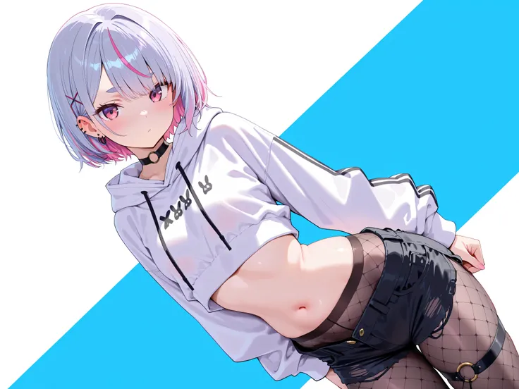 masterpiece,best quality, amazing quality, highres, absurdres, very aesthetic, high resolution, ultra detailed, perfect details,M1m1Strt, pink eyes, grey hair, pink hair, multicolored hair, short hair, x hair ornament, ear piercing, o-ring choker, white ho...
